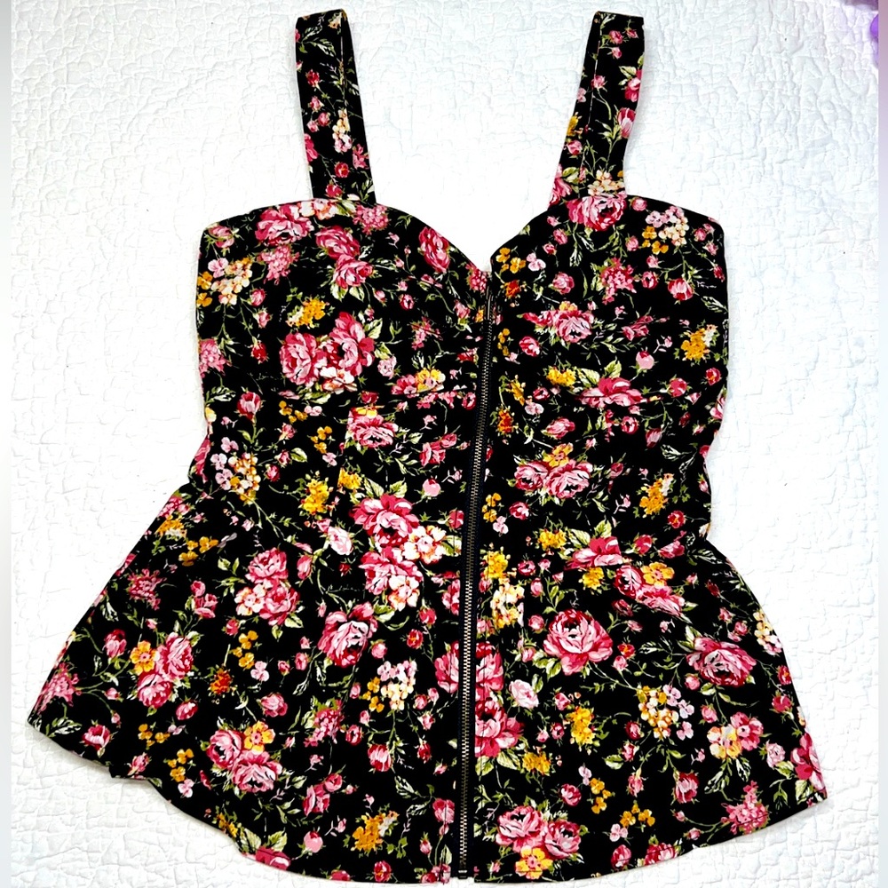Active USA Women's Black Floral Bodycon Full Zip Thick Strap Sun Shirt; S